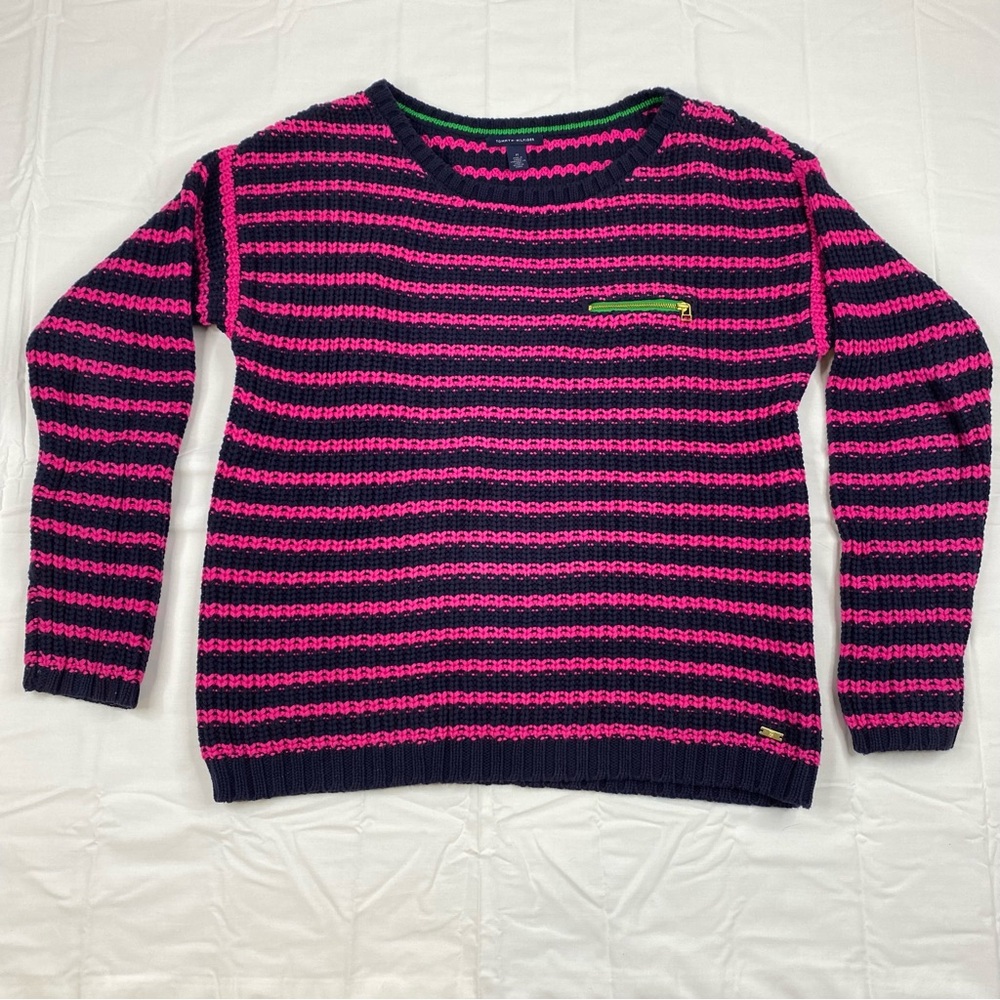 Tommy Hilfiger Sweater Women’s Size Medium Blue Pink Cotton Knit Long Sleeves